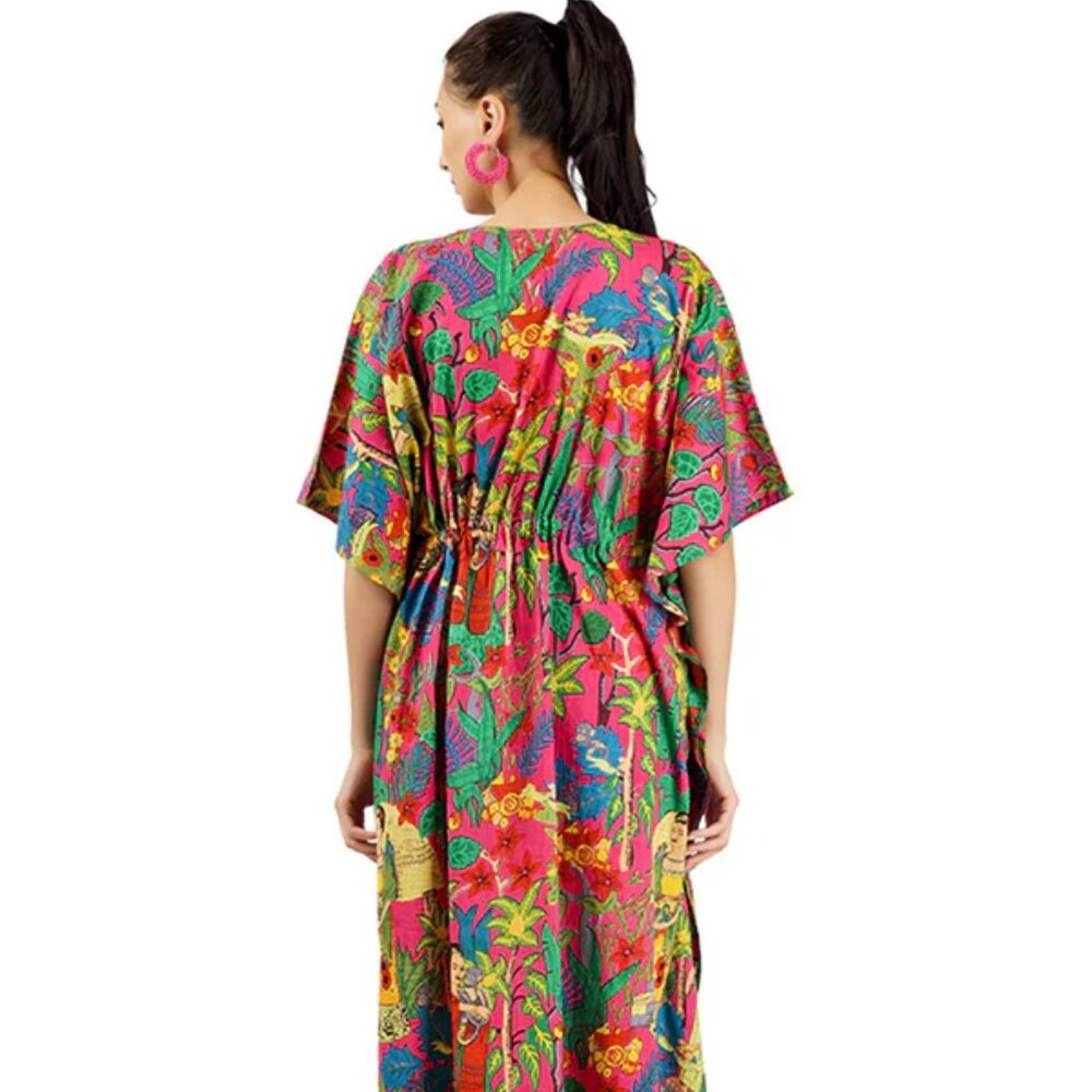 BRAND NEW Pink Frida Kahlo Block Printed Kaftan Cotton summer Maxi dress - Picture 6 of 6